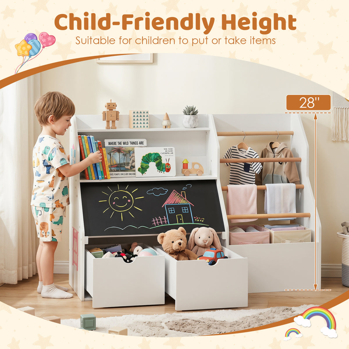 Kids Toy Storage Organizer with Flip-up Blackboard-White