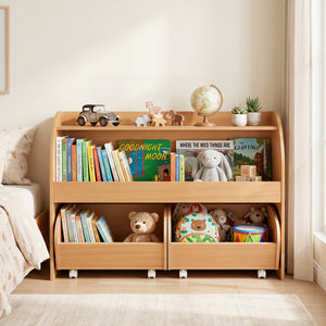Kids Toy Storage Organizer with 2 Rolling Drawers & 3-Tier Bookshelf for Playroom-Natural