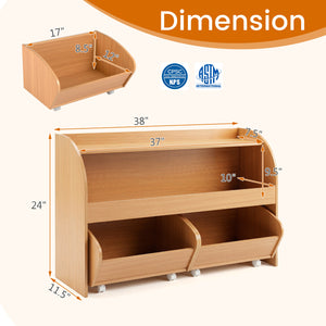 Kids Toy Storage Organizer with 2 Rolling Drawers & 3-Tier Bookshelf for Playroom-Natural