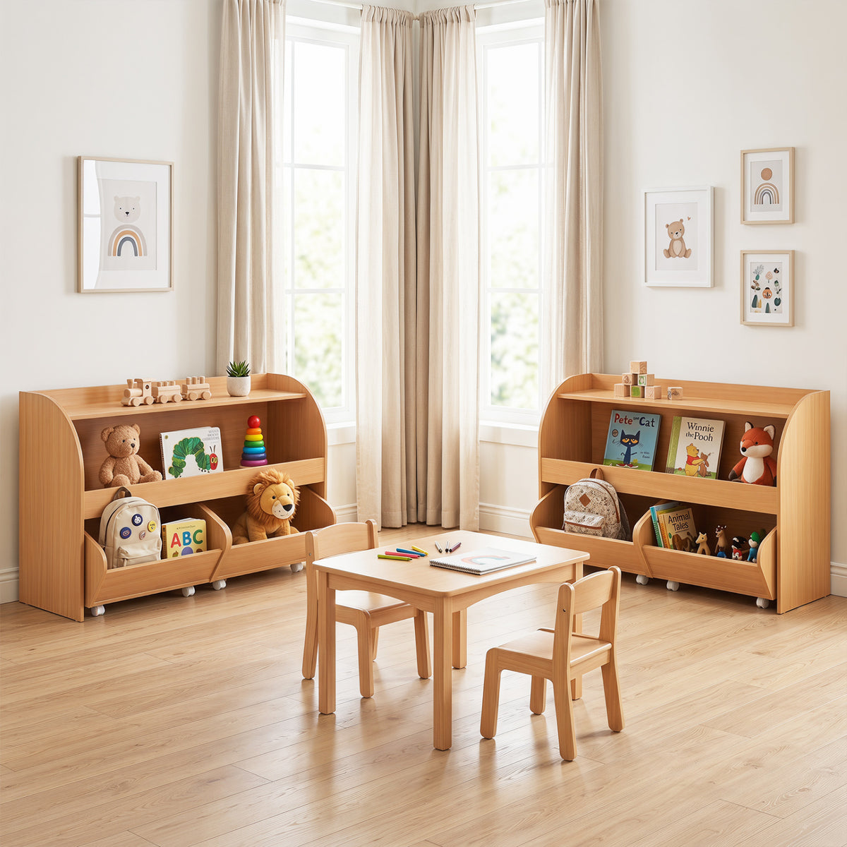 Kids Toy Storage Organizer with 2 Rolling Drawers & 3-Tier Bookshelf for Playroom-Natural