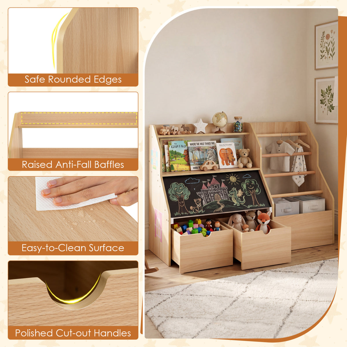 Kids Toy Storage Organizer with Flip-up Blackboard-Natural