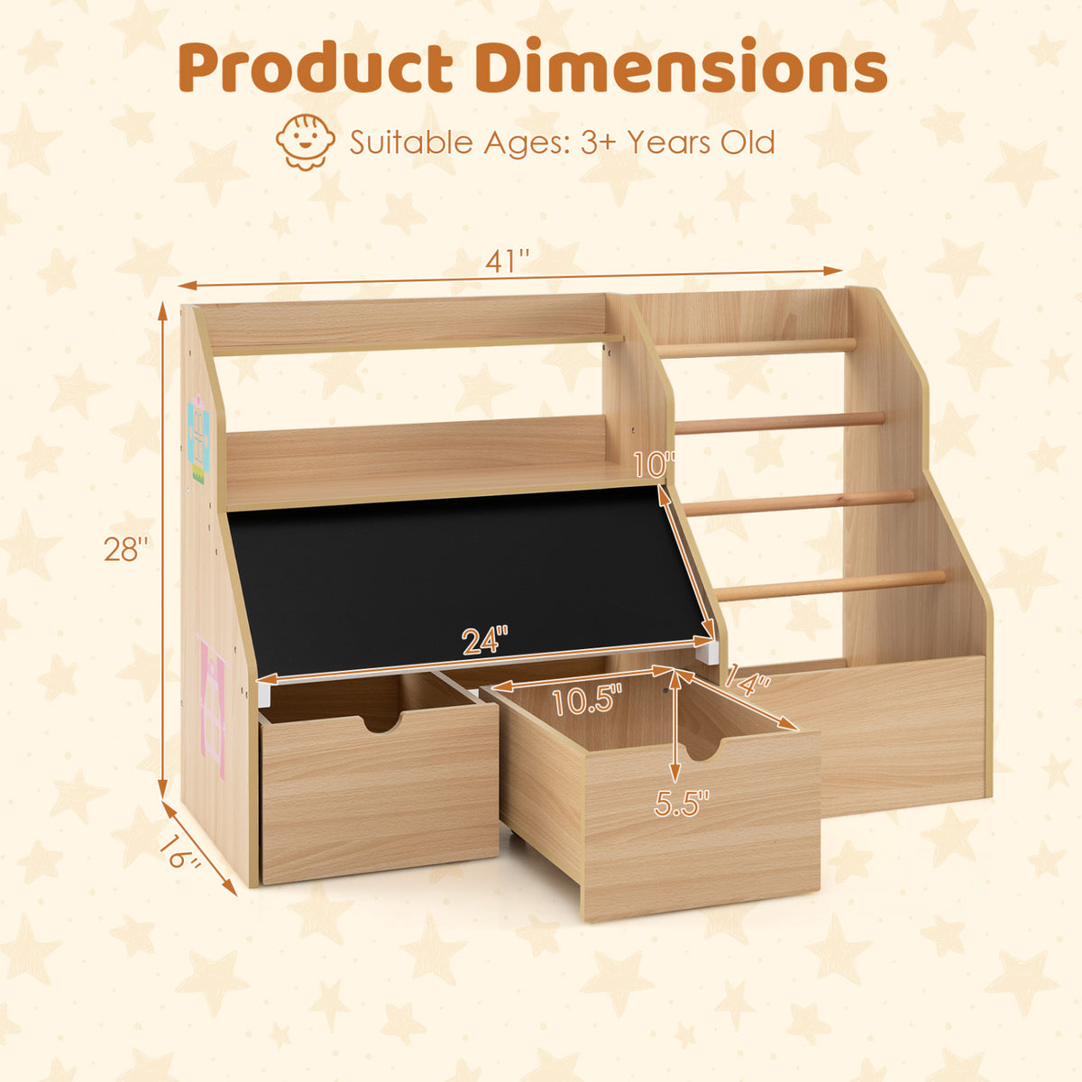 Kids Toy Storage Organizer with Flip-up Blackboard-Natural