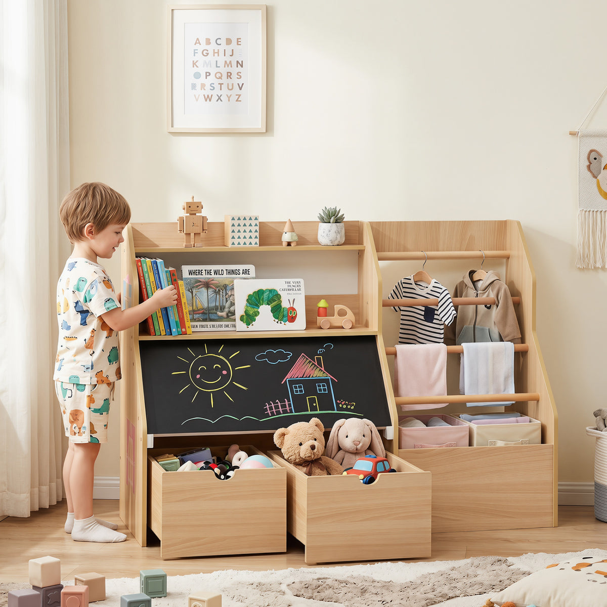 Kids Toy Storage Organizer with Flip-up Blackboard-Natural