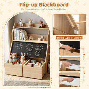 Kids Toy Storage Organizer with Flip-up Blackboard-Natural