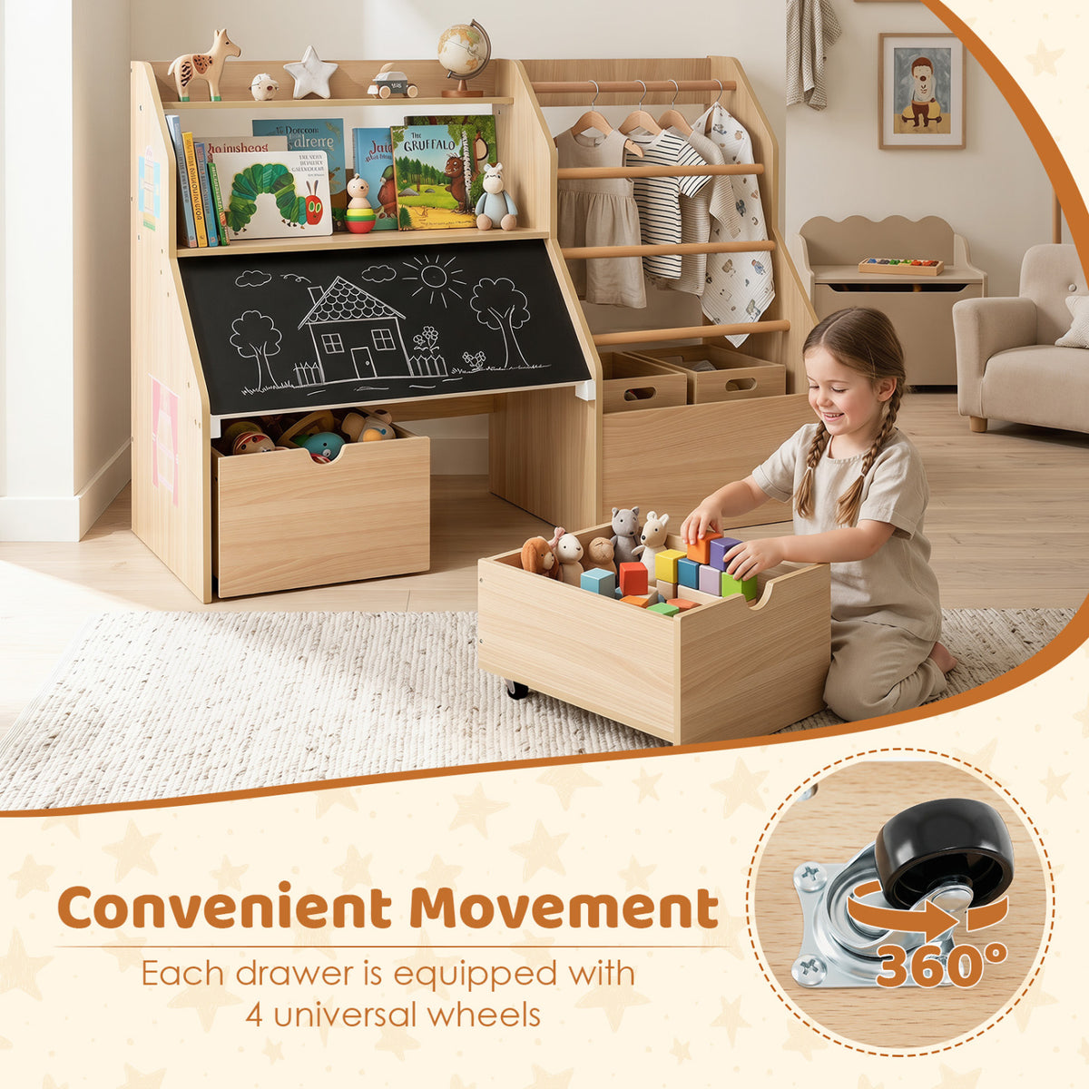 Kids Toy Storage Organizer with Flip-up Blackboard-Natural