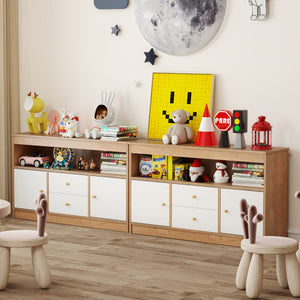 Kids Toy Storage Organizer with Open Shelf and 2 Drawers for Playroom-Natural