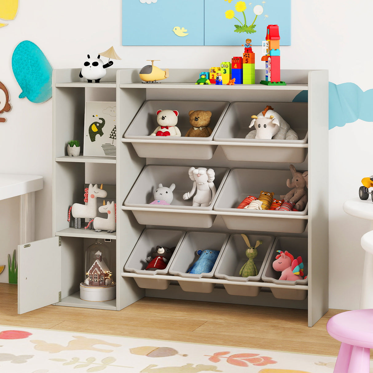 Kids Toy Storage and Bookshelf with Open Shelves and Single-door Cabinet-Gray