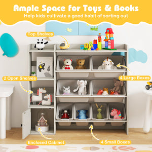 Kids Toy Storage and Bookshelf with Open Shelves and Single-door Cabinet-Gray