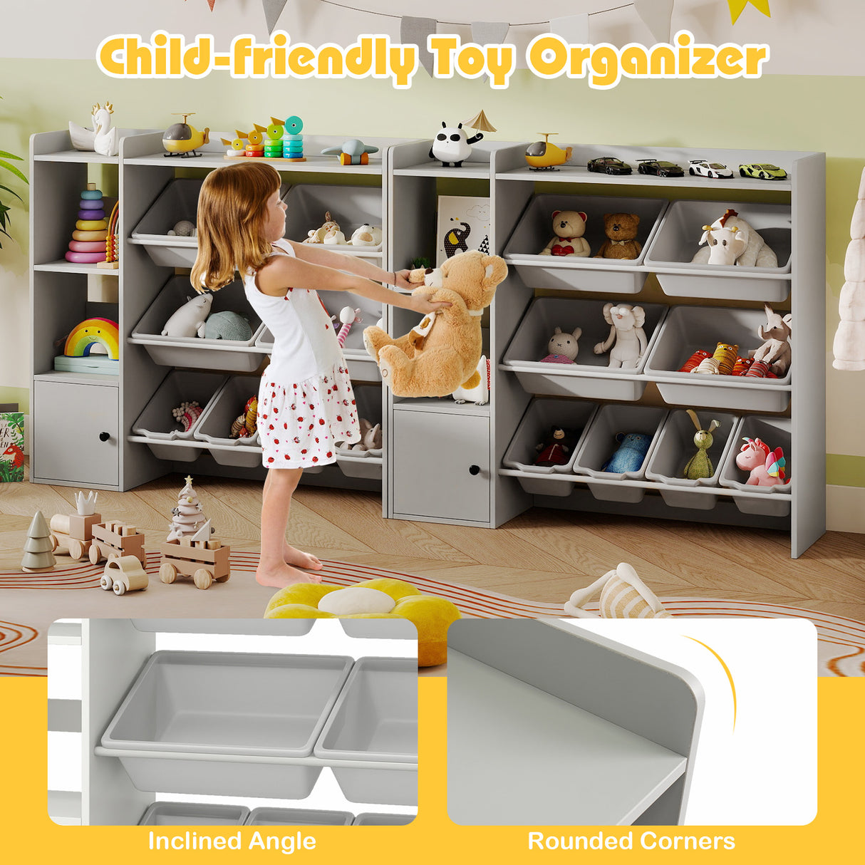 Kids Toy Storage and Bookshelf with Open Shelves and Single-door Cabinet-Gray