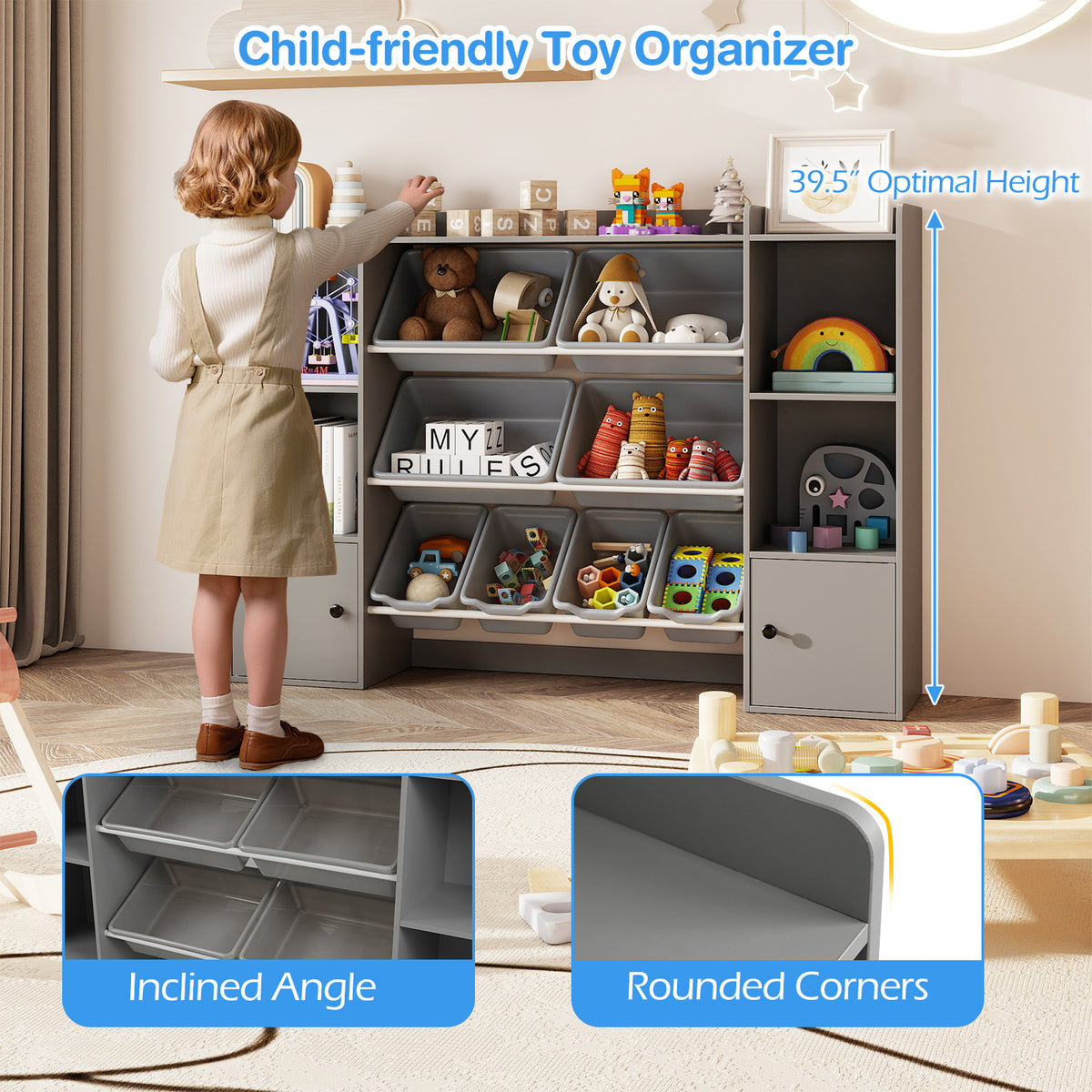 Kids Toy Storage and Bookshelf with Boxes and Open Shelves-Gray