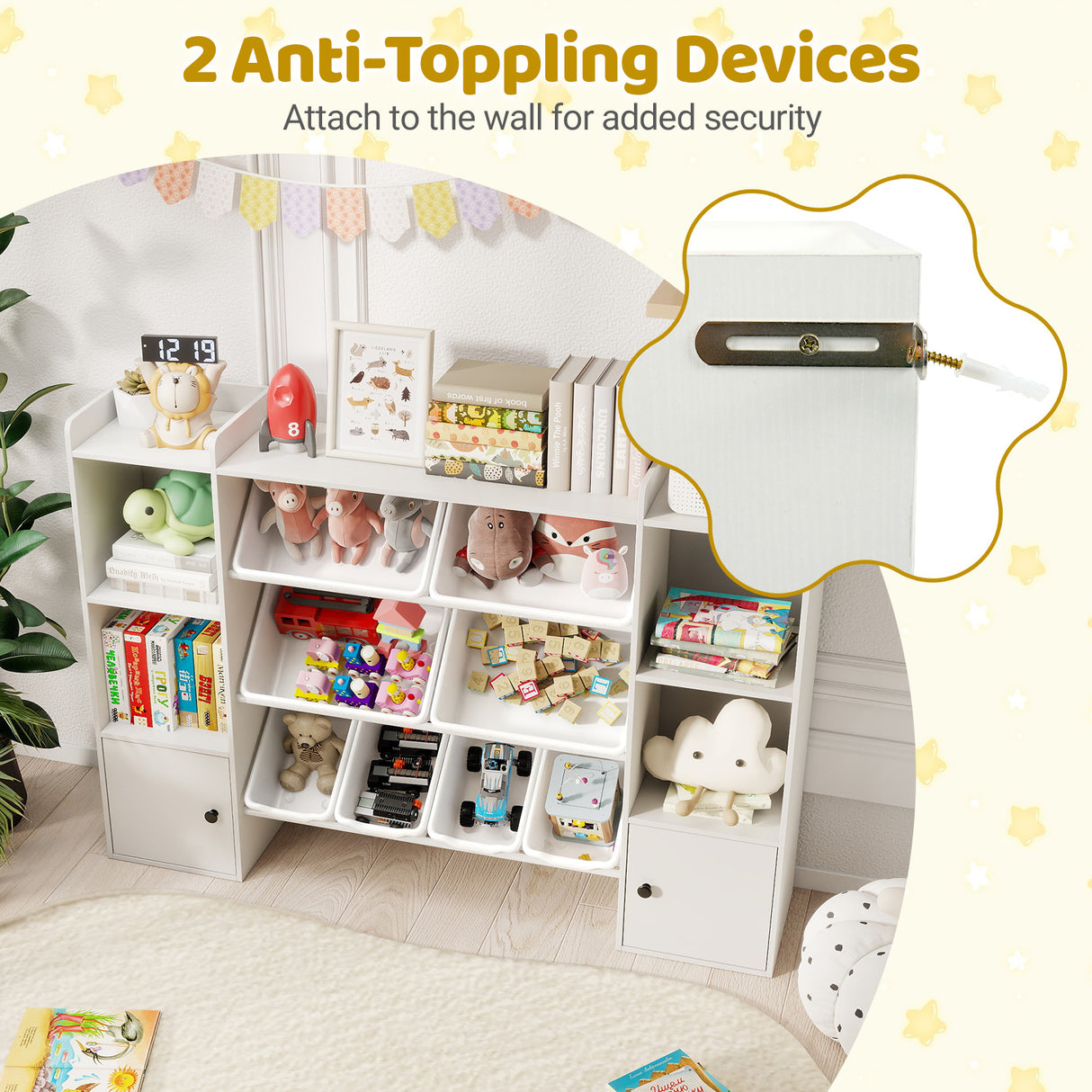 Kids Toy Storage and Bookshelf with Boxes and Open Shelves-White