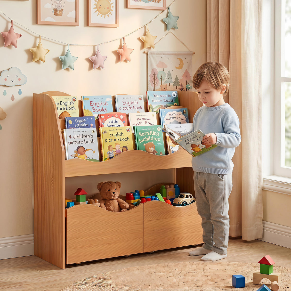 Kids Toy Wooden Storage Organizer with 2 Rolling Drawers for Kids Room-Natrual