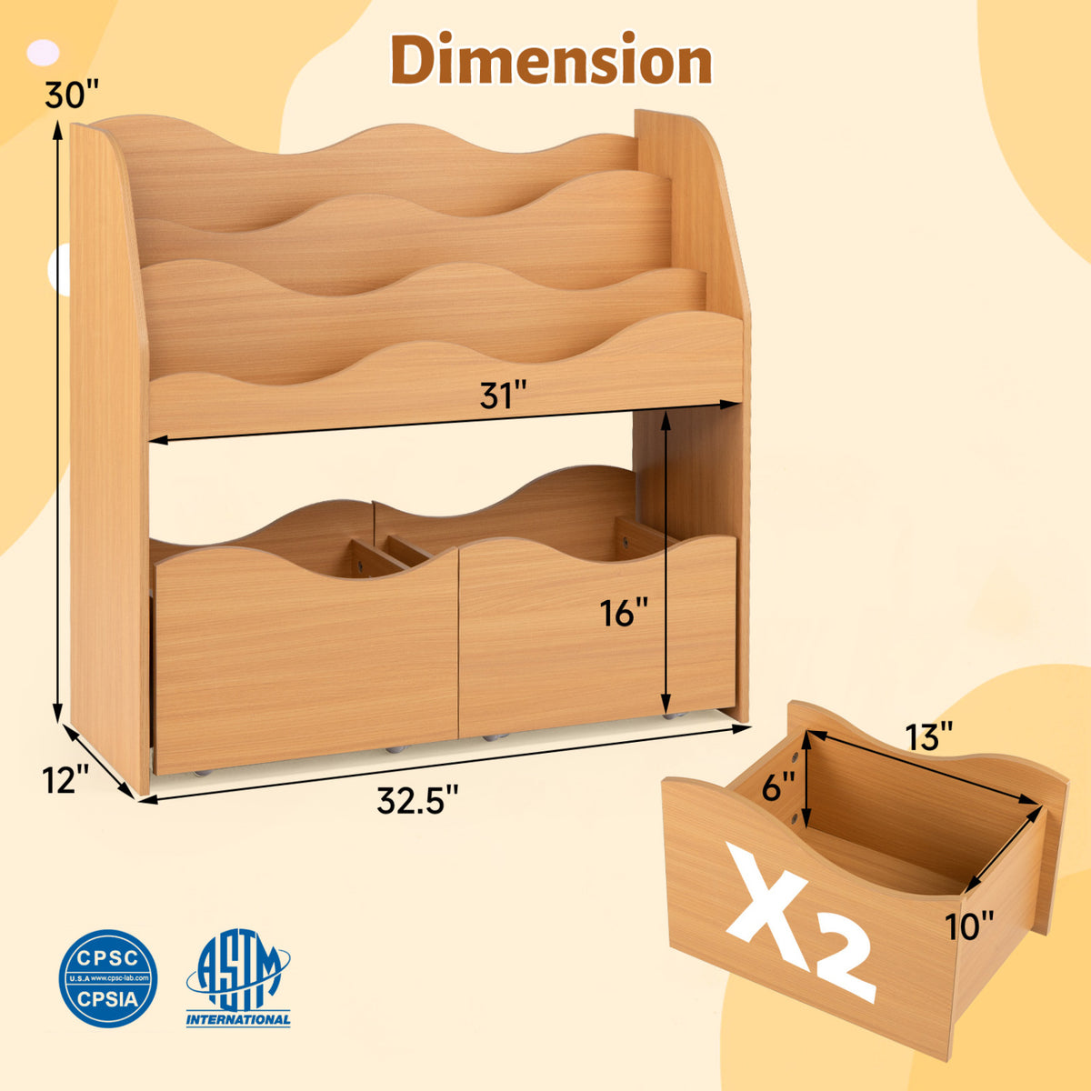 Kids Toy Wooden Storage Organizer with 2 Rolling Drawers for Kids Room-Natrual