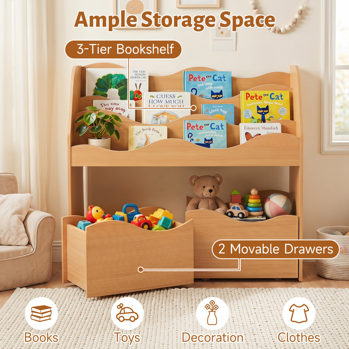 Kids Toy Wooden Storage Organizer with 2 Rolling Drawers for Kids Room-Natrual
