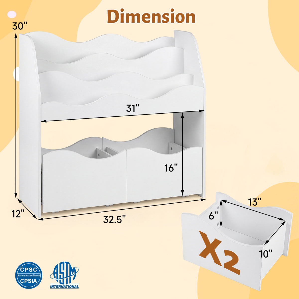 Kids Toy Wooden Storage Organizer with 2 Rolling Drawers for Kids Room-White