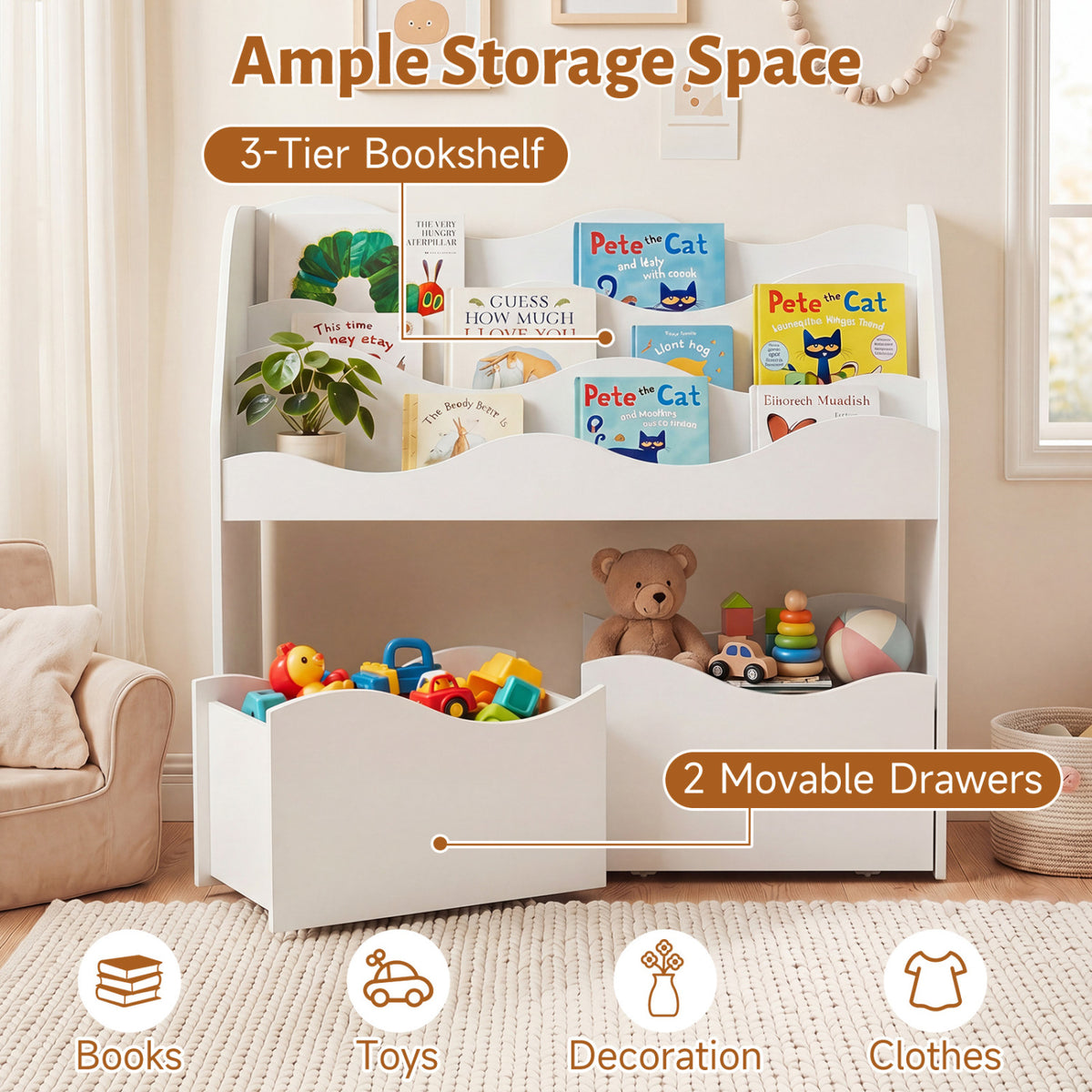Kids Toy Wooden Storage Organizer with 2 Rolling Drawers for Kids Room-White
