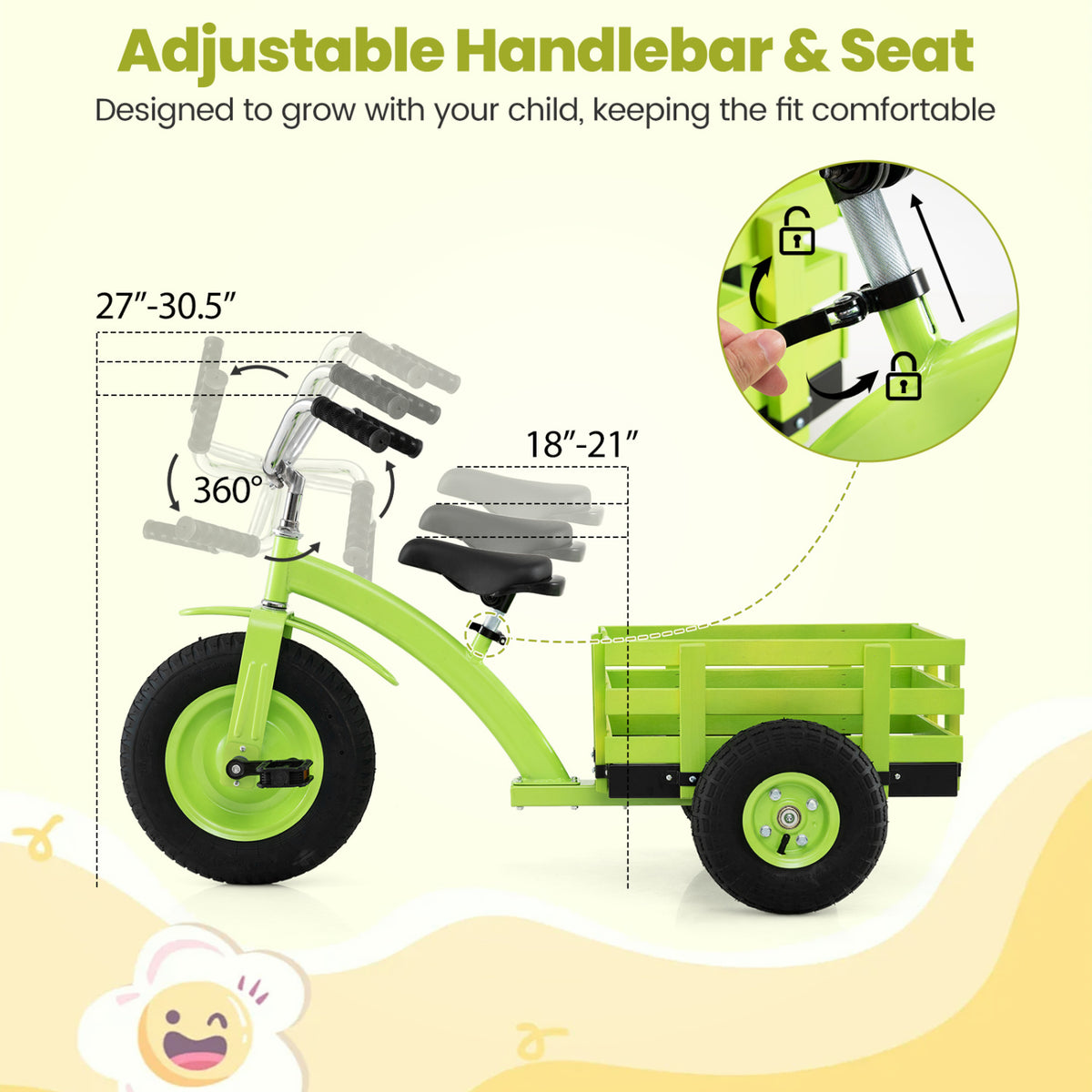Kids Tricycle with 15 Inch Inflatable Rubber Tires -Green