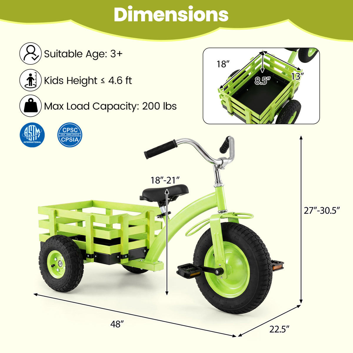 Kids Tricycle with 15 Inch Inflatable Rubber Tires -Green