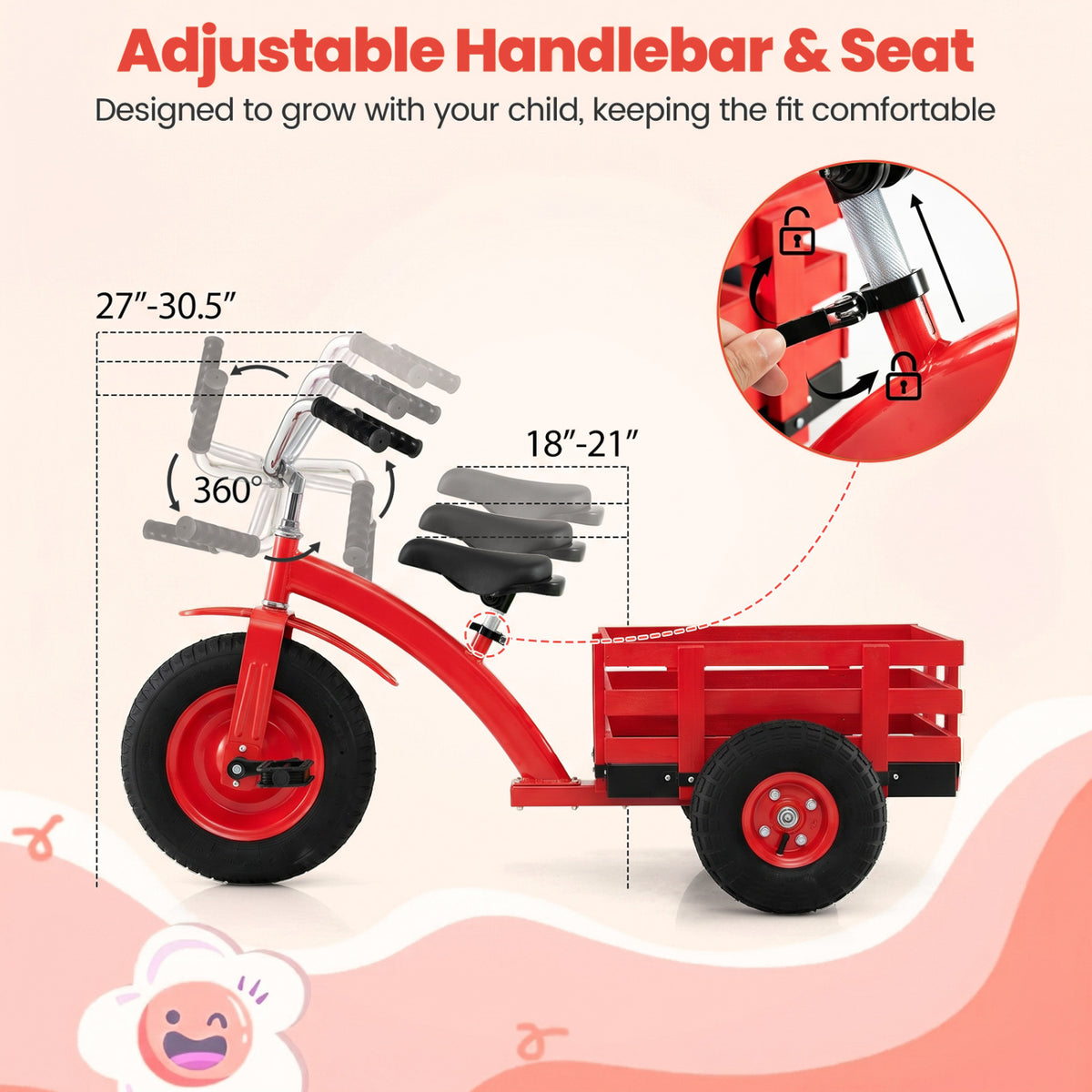 Kids Tricycle with 15 Inch Inflatable Rubber Tires-Red