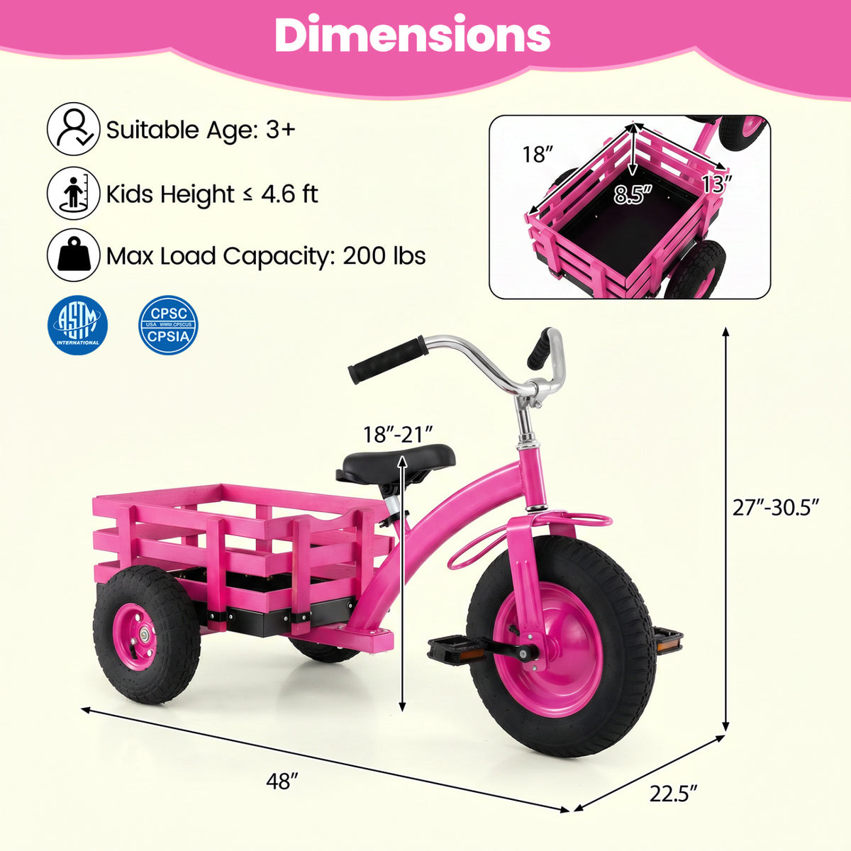 Kids Tricycle with 15 Inch Inflatable Rubber Tires -Pink