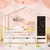 Kids Twin Size Bed with 2 Drawers Solid Wood Bed with Blackboard-White