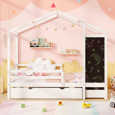 Kids Twin Size Bed with 2 Drawers Solid Wood Bed with Blackboard-White