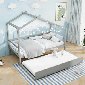 Kids Twin Size House Bed with Trundle and Roof-Gray