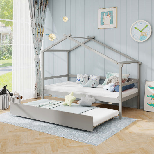 Kids Twin Size House Bed with Trundle and Roof-Gray
