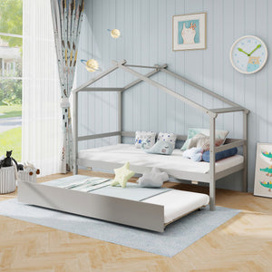 Kids Twin Size House Bed with Trundle and Roof-Gray