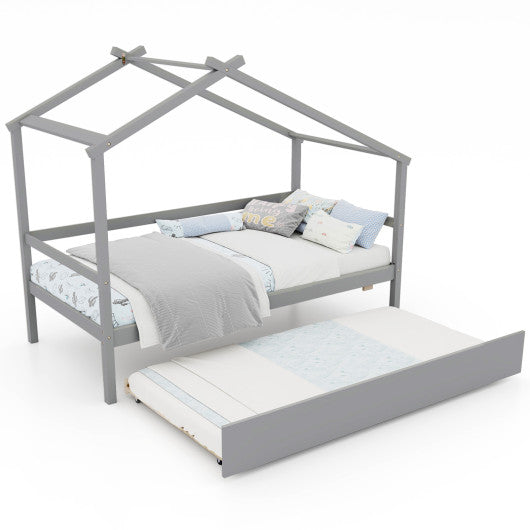 Kids Twin Size House Bed with Trundle and Roof-Gray
