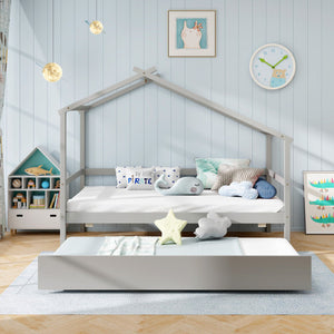 Kids Twin Size House Bed with Trundle and Roof-Gray