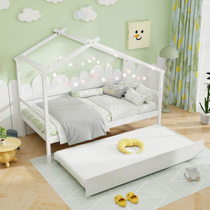 Kids Twin Size House Bed with Trundle and Roof-White