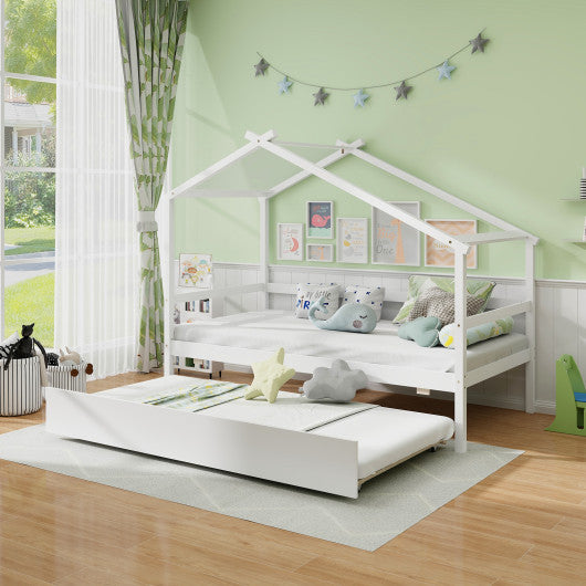 Kids Twin Size House Bed with Trundle and Roof-White