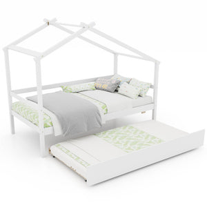 Kids Twin Size House Bed with Trundle and Roof-White