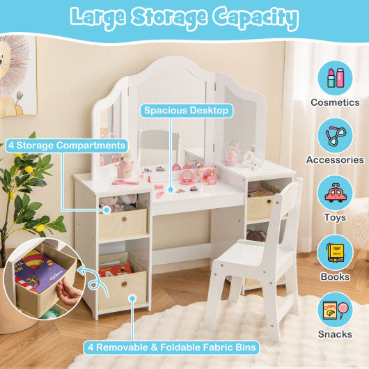 Kids Vanity Table and Chair Set with Removable Mirrors and 4 Storage Bins-White