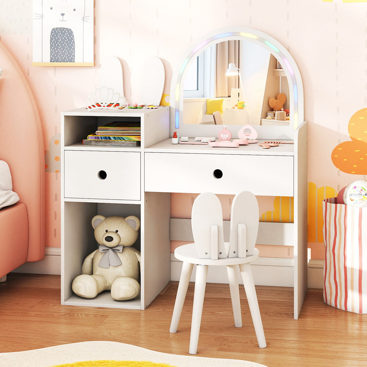 Kids Vanity Desk and Chair Set with Lights  Open Shelves-White