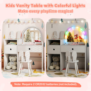 Kids Vanity Desk and Chair Set with Lights  Open Shelves-White