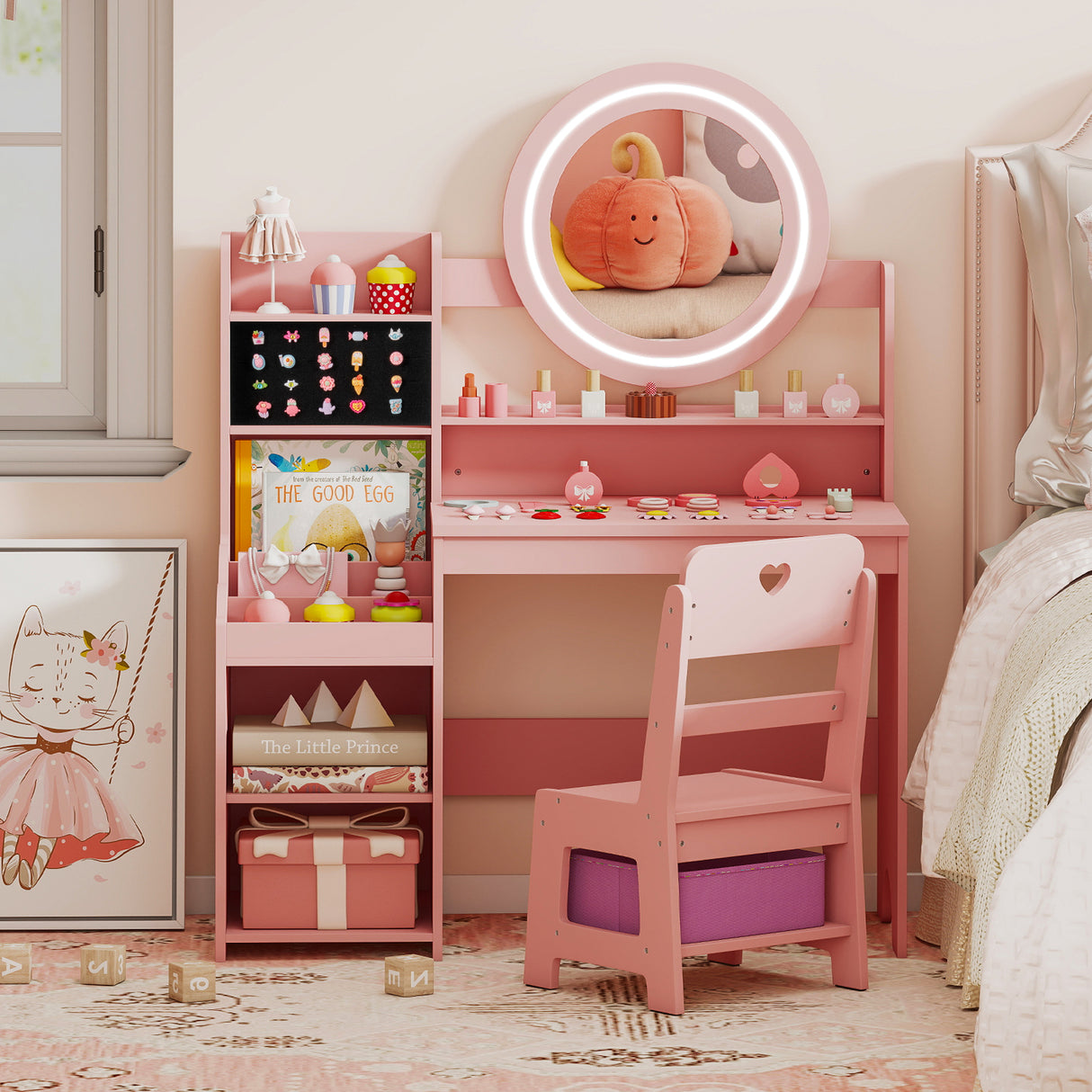 Kids Vanity Desk with Mirror and Lights Princess Pretend Play Dressing Table and Chair Set-Pink