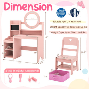 Kids Vanity Desk with Mirror and Lights Princess Pretend Play Dressing Table and Chair Set-Pink