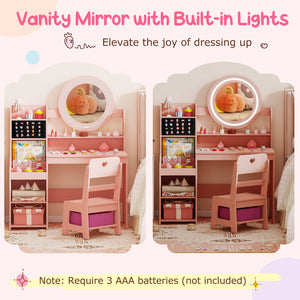 Kids Vanity Desk with Mirror and Lights Princess Pretend Play Dressing Table and Chair Set-Pink
