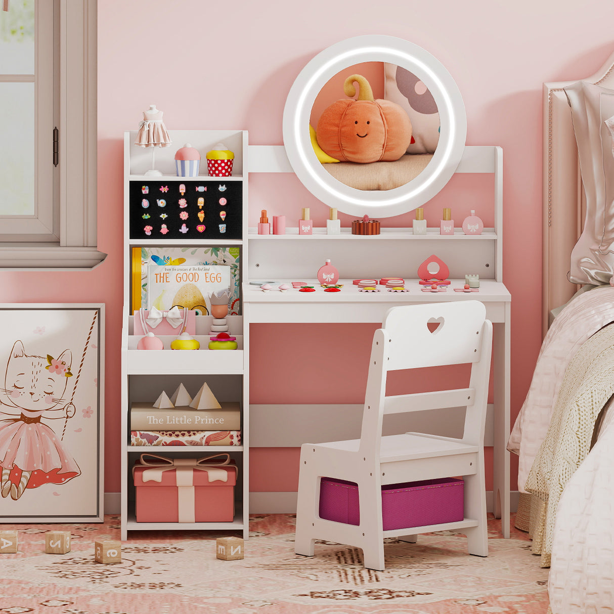 Kids Vanity Desk with Mirror and Lights Princess Pretend Play Dressing Table and Chair Set-White