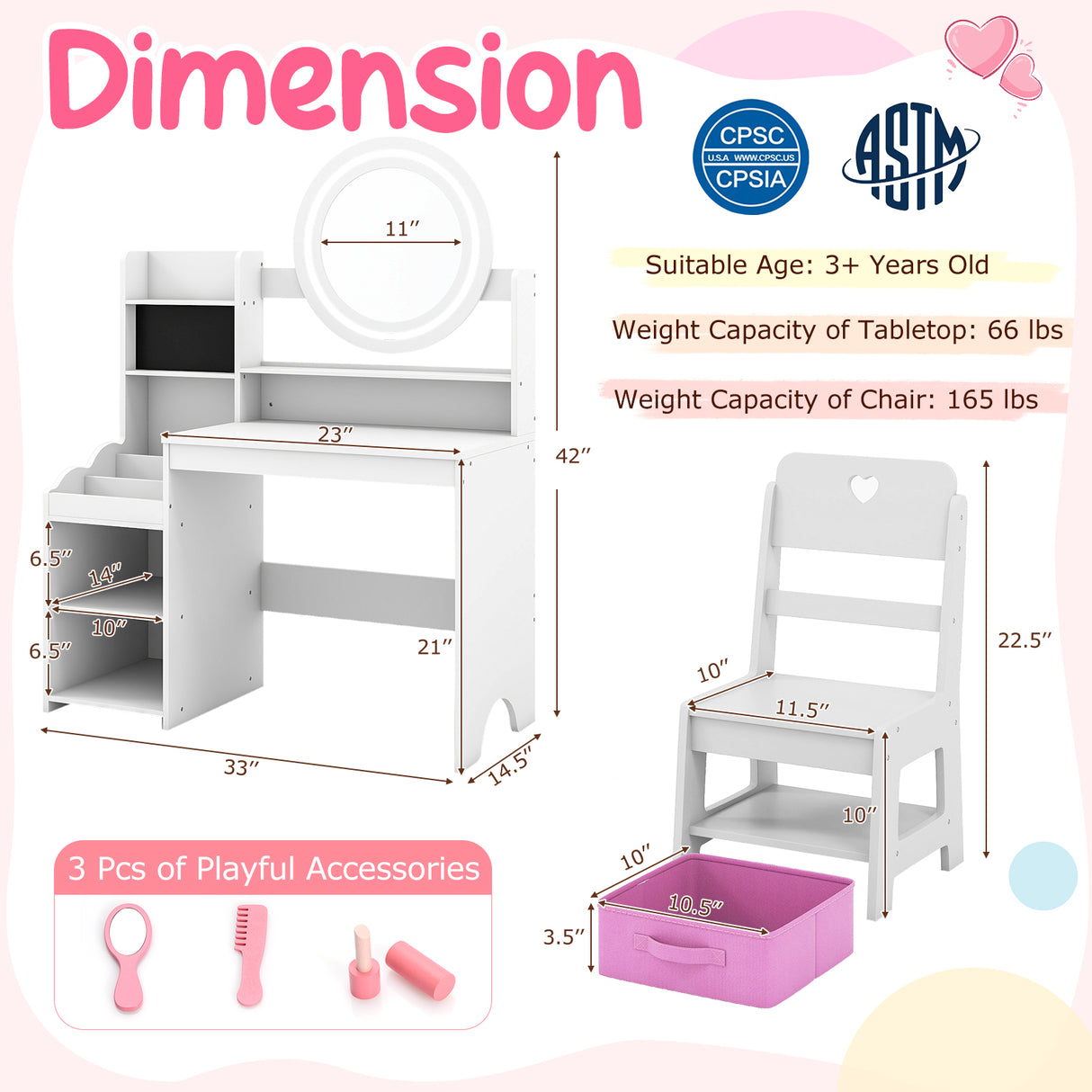 Kids Vanity Desk with Mirror and Lights Princess Pretend Play Dressing Table and Chair Set-White