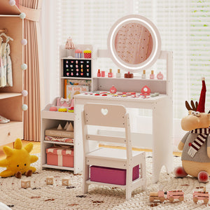 Kids Vanity Desk with Mirror and Lights Princess Pretend Play Dressing Table and Chair Set-White