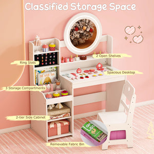 Kids Vanity Desk with Mirror and Lights Princess Pretend Play Dressing Table and Chair Set-White