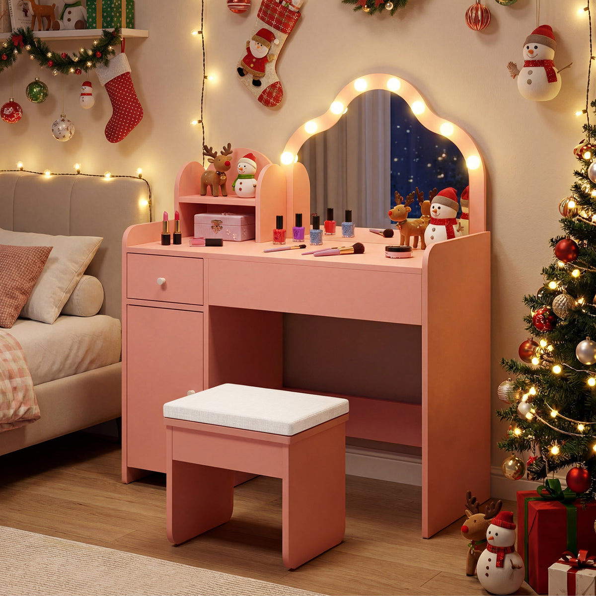 Kids Vanity Desk with Mirror and Lights Princess Pretend Play Dressing Table-Pink