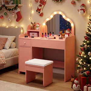 Kids Vanity Desk with Mirror and Lights Princess Pretend Play Dressing Table-Pink