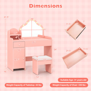 Kids Vanity Desk with Mirror and Lights Princess Pretend Play Dressing Table-Pink