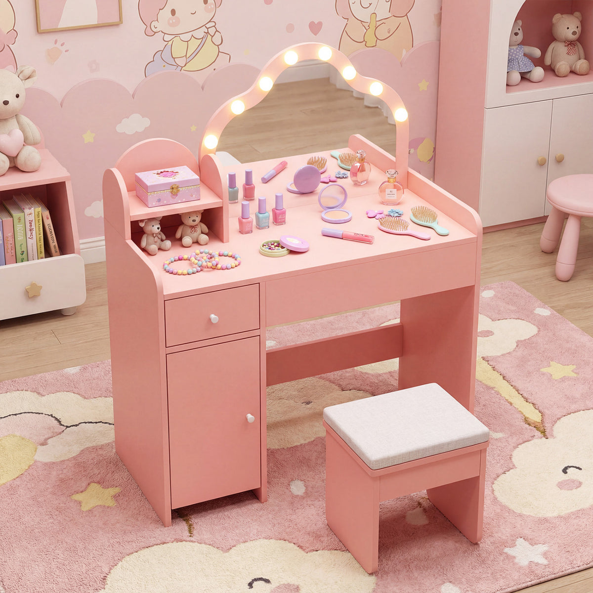 Kids Vanity Desk with Mirror and Lights Princess Pretend Play Dressing Table-Pink