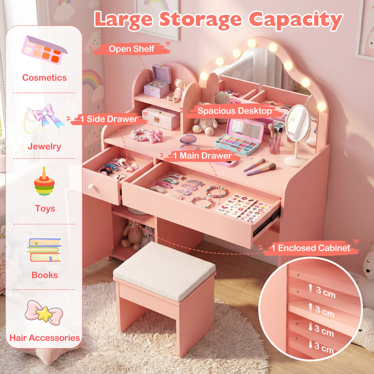 Kids Vanity Desk with Mirror and Lights Princess Pretend Play Dressing Table-Pink