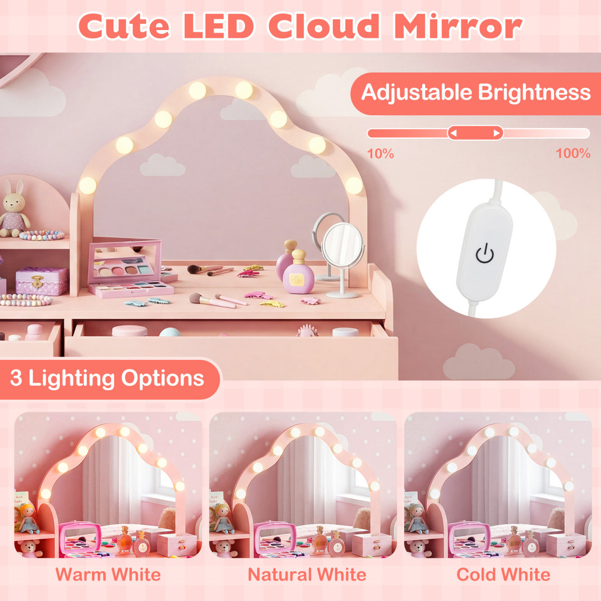 Kids Vanity Desk with Mirror and Lights Princess Pretend Play Dressing Table-Pink